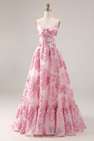 Pink A-Line Cut Out Brocade Jacquard Long Prom Dress with 3D Flower