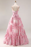 Pink A-Line Cut Out Brocade Jacquard Long Prom Dress with 3D Flower
