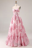 Pink A-Line Cut Out Brocade Jacquard Long Prom Dress with 3D Flower