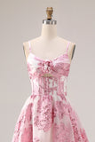 Pink A-Line Cut Out Brocade Jacquard Long Prom Dress with 3D Flower