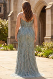 Sparkly Grey Green Mermaid Beaded Plus Size Long Prom Dress with Sequins