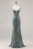 Sparkly Grey Green Mermaid Beaded Sequin Long Prom Dress