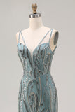 Sparkly Grey Green Mermaid Beaded Sequin Long Prom Dress