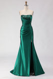 Dark Green Mermaid Sequin Strapless Ruched Long Prom Dress with Slit