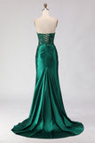 Dark Green Mermaid Sequin Strapless Ruched Long Prom Dress with Slit