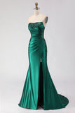 Dark Green Mermaid Sequin Strapless Ruched Long Prom Dress with Slit