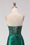 Dark Green Mermaid Sequin Strapless Ruched Long Prom Dress with Slit