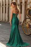 Dark Green Mermaid Sequin Strapless Ruched Long Prom Dress with Slit