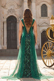 Dark Green Sequins Mermaid Lace Up Back Long Plus Size Prom Dress with Slit