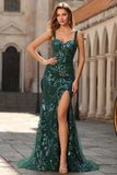 Dark Green Mermaid Sequin Lace Up Back Long Prom Dress with Slit