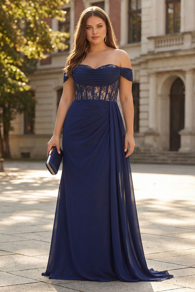 ZAPAKA Women Navy Long Plus Size Prom Dress A-Line Off The Shoulder ...