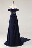 Navy Off The Shoulder A-Line Corset Long Prom Dress with Lace Up Back