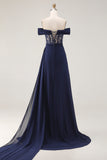 Navy Off The Shoulder A-Line Corset Long Prom Dress with Lace Up Back