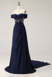 Navy Off The Shoulder A-Line Corset Long Prom Dress with Lace Up Back