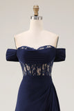 Navy Off The Shoulder A-Line Corset Long Prom Dress with Lace Up Back