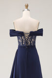 Navy Off The Shoulder A-Line Corset Long Prom Dress with Lace Up Back