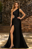 Black Mermaid One Shoulder Cut Out Long Prom Dress with Slit
