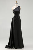 Black Mermaid One Shoulder Cut Out Long Prom Dress with Slit