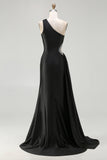 Black Mermaid One Shoulder Cut Out Long Prom Dress with Slit