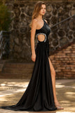 Black One Shoulder Cut Out Mermaid Long Satin Prom Dress with Slit