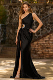 Black One Shoulder Cut Out Mermaid Long Satin Prom Dress with Slit