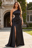 Black Mermaid One Shoulder Beaded Cut Out Long Plus Size Prom Dress with Slit