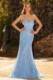 Sky Blue Mermaid Spaghetti Straps Sequins Long Prom Dress with Lace Up Back