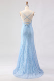 Sky Blue Mermaid Spaghetti Straps Sequins Long Prom Dress with Lace Up Back