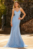 Sky Blue Mermaid Beaded Lace Up Back Long Prom Dress with Sequins