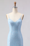 Sky Blue Mermaid Spaghetti Straps Sequins Long Prom Dress with Lace Up Back