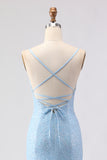 Sky Blue Mermaid Spaghetti Straps Sequins Long Prom Dress with Lace Up Back