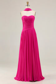 Fuchsia Sweetheart A Line Pleated Long Prom Dress with Sash