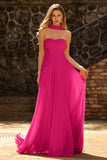Fuchsia Sweetheart A Line Pleated Long Prom Dress with Sash