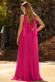 Fuchsia Sweetheart A Line Pleated Long Prom Dress with Sash