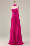 Fuchsia Sweetheart A Line Pleated Long Prom Dress with Sash