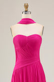 Fuchsia Sweetheart A Line Pleated Long Prom Dress with Sash