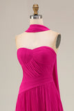 Fuchsia Sweetheart A Line Pleated Long Prom Dress with Sash