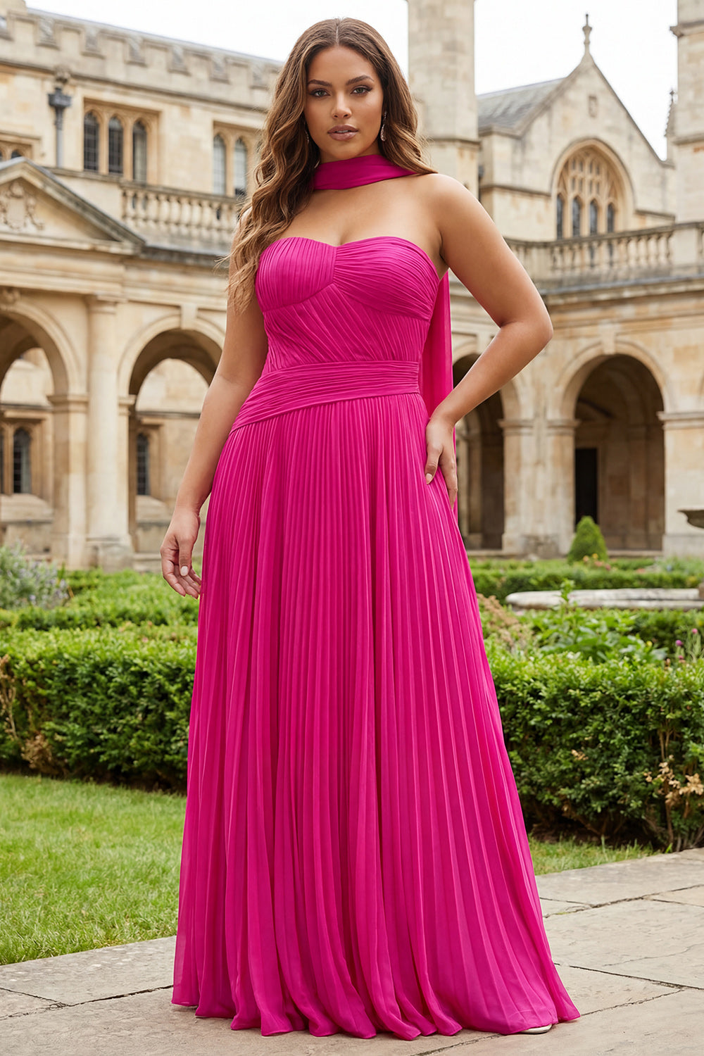 Zapaka Women Fuchsia Long Plus Size Prom Dress Sweetheart A Line Pleated Party Dress with Sash, Fuchsia / US18W
