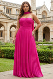 Fuchsia Pleated A Line Sweetheart Long Plus Size Prom Dress with Sash