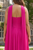 Fuchsia Pleated A Line Sweetheart Long Plus Size Prom Dress with Sash