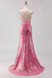 Sparkly Pink Mermaid Sequin Long Prom Dress with Lace Up Back