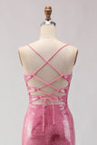 Sparkly Pink Mermaid Sequin Long Prom Dress with Lace Up Back