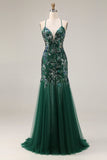 Sparkly Dark Green Sheath Open Back Long Prom Dress with Sequins