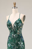 Sparkly Dark Green Sheath Open Back Long Prom Dress with Sequins