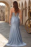 Grey Blue Mermaid Spaghetti Straps Satin Long Plus Size Prom Dress with Slit