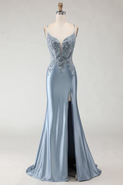 Grey Blue Mermaid Spaghetti Straps Appliqued Satin Long Prom Dress with Slit