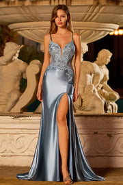 Grey Blue Mermaid Appliqued Spaghetti Straps Long Satin Prom Dress with Slit