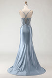 Grey Blue Mermaid Spaghetti Straps Appliqued Satin Long Prom Dress with Slit