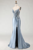 Grey Blue Mermaid Spaghetti Straps Appliqued Satin Long Prom Dress with Slit