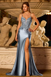 Grey Blue Mermaid Appliqued Spaghetti Straps Long Satin Prom Dress with Slit